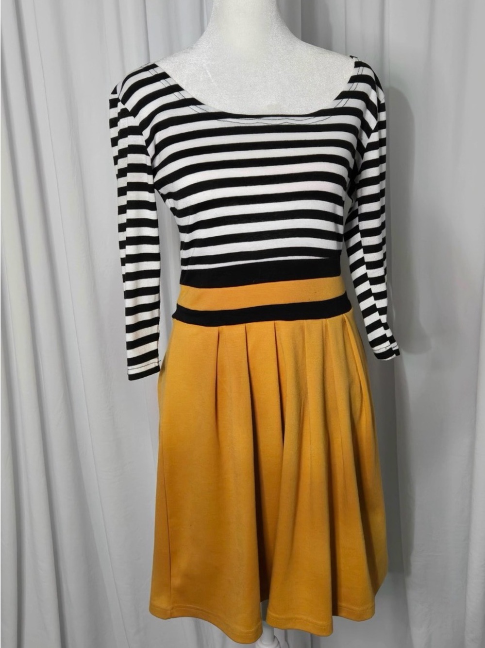 Striped Black & White Top with Mustard Skirt Fit-and-Flare Dress